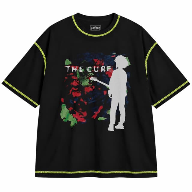 The Cure 7 — Unisex oversize, Negro con costura verde