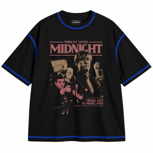 The Office - Threat Level Midnight — Unisex oversize, Negro con costura azul