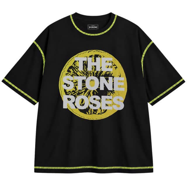 The Stone Roses - Large Lemon — Unisex oversize, Negro con costura verde
