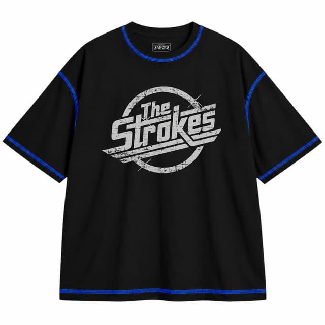 The Strokes 5 — Unisex oversize, Negro con costura azul
