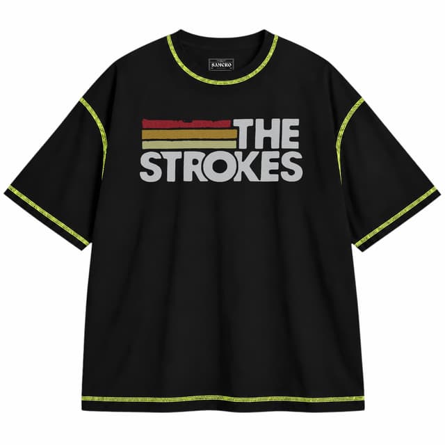 The Strokes 9 — Unisex oversize, Negro con costura verde
