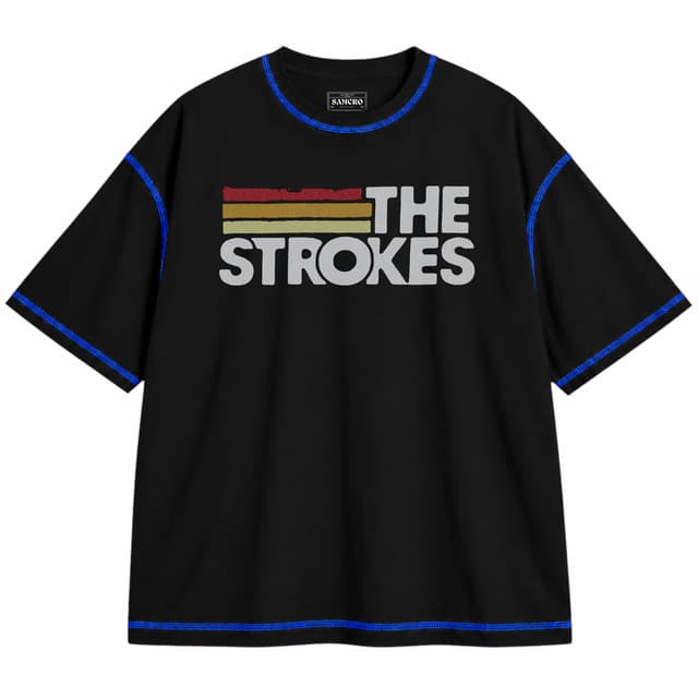 The Strokes 9 — Unisex oversize, Negro con costura azul