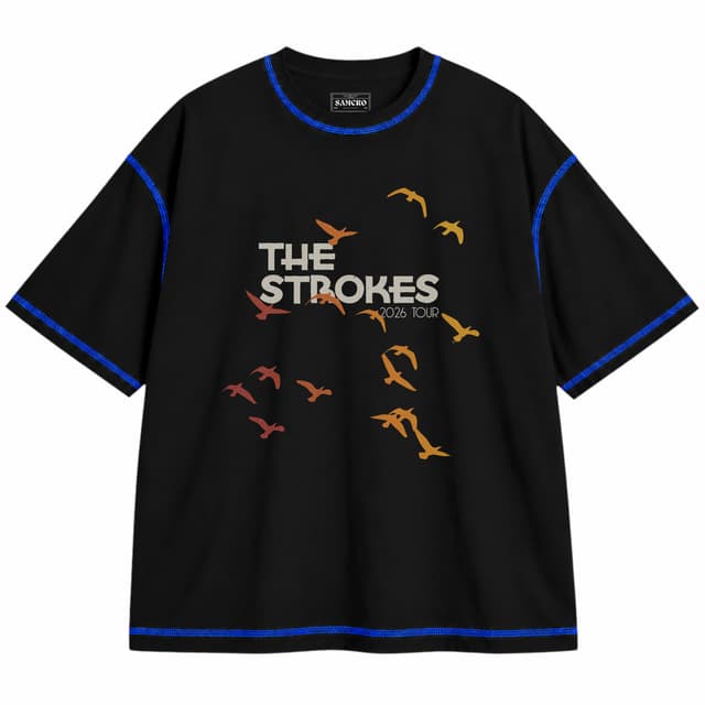 The Strokes - Allover Birds 2026 Tour — Unisex oversize, Negro con costura azul
