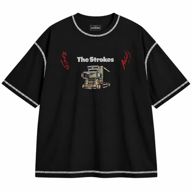 The Strokes - Reality Awaits the World Tour — Unisex oversize, Negro con costura blanca