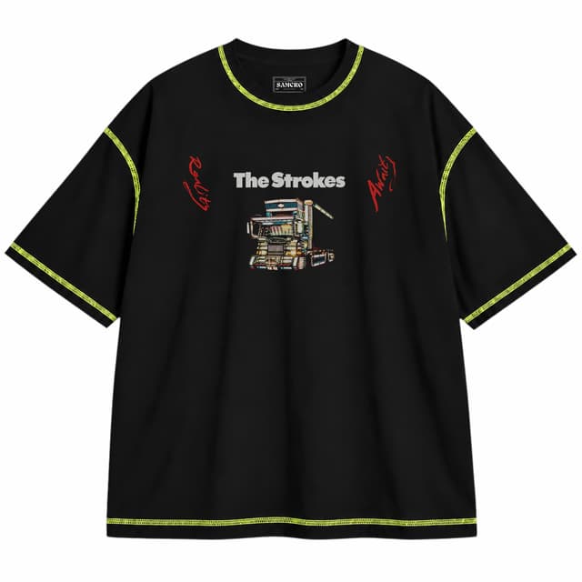 The Strokes - Reality Awaits the World Tour — Unisex oversize, Negro con costura verde