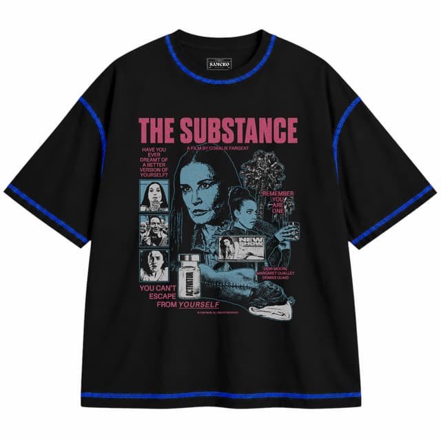 The Substance - You Can't Escape from Yourself — Unisex oversize, Negro con costura azul