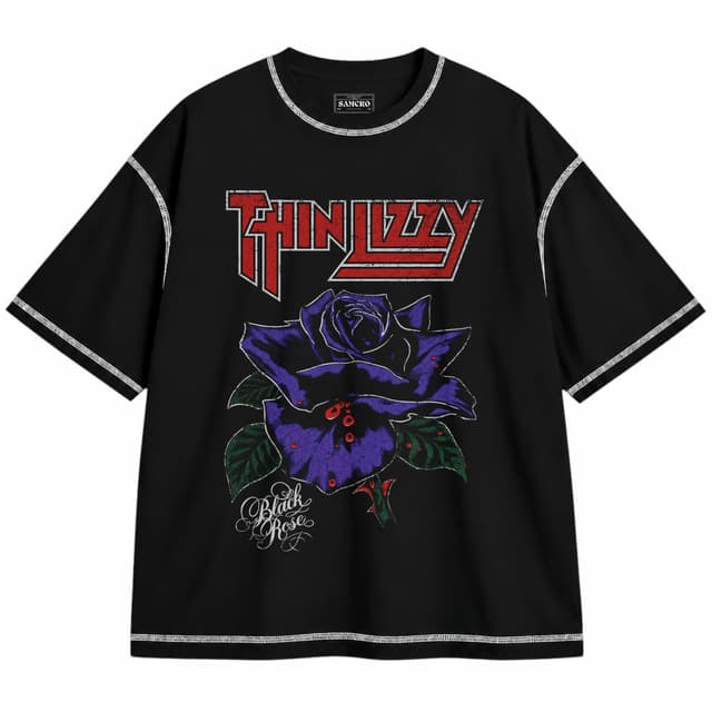 Thin Lizzy - Black Rose Purpura Manga Larga — Unisex oversize, Negro con costura blanca