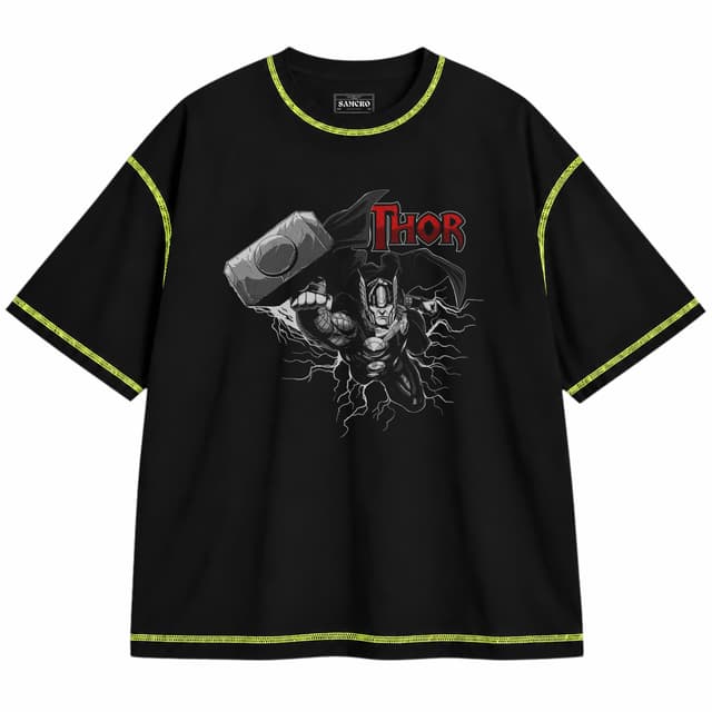 Thor 19 — Unisex oversize, Negro con costura verde