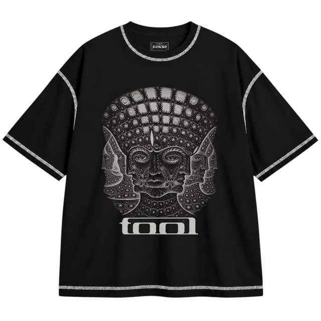 Tool - 10000 Days BW — Unisex oversize, Negro con costura blanca