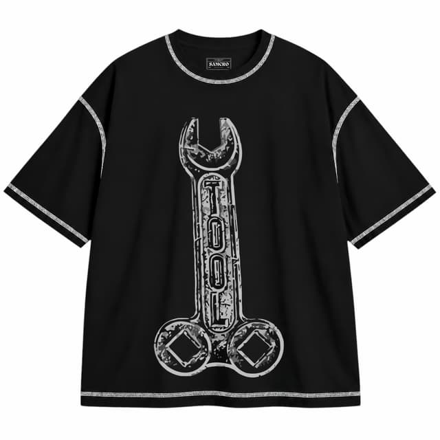 Tool 2 — Unisex oversize, Negro con costura blanca