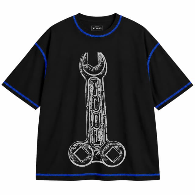Tool 2 — Unisex oversize, Negro con costura azul