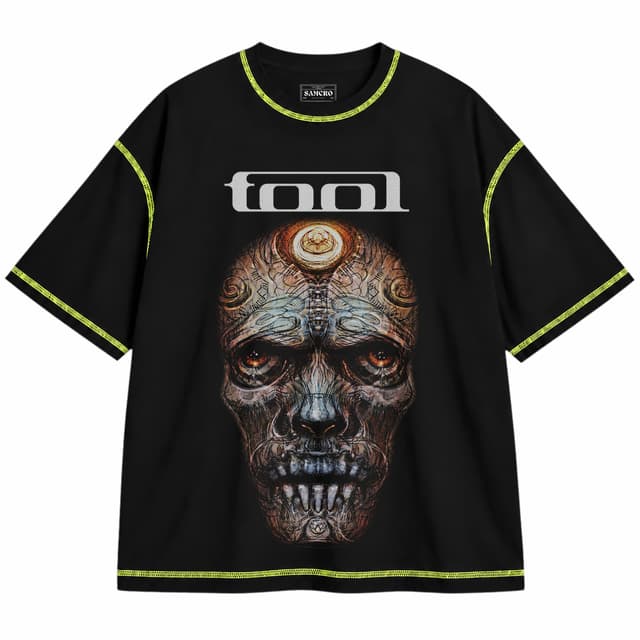 Tool - Craneo Tercer Ojo — Unisex oversize, Negro con costura verde