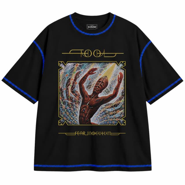 Tool - Fear Inoculum — Unisex oversize, Negro con costura azul