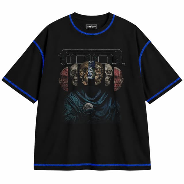 Tool - Reflection Calaveras — Unisex oversize, Negro con costura azul
