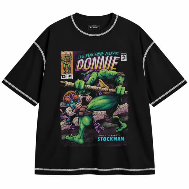 Tortugas Ninja 8 — Unisex oversize, Negro con costura blanca