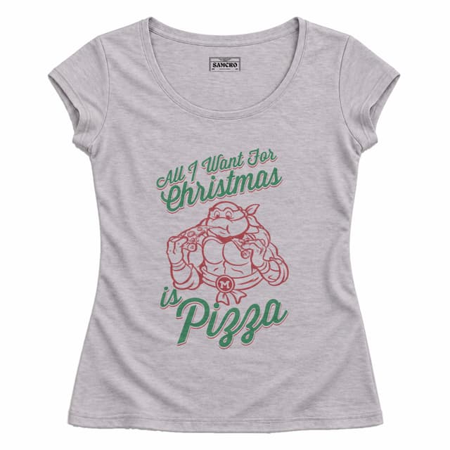 Tortugas Ninja - Michelangelo All I Want Christmas Pizza — Mujer entallada, Gris