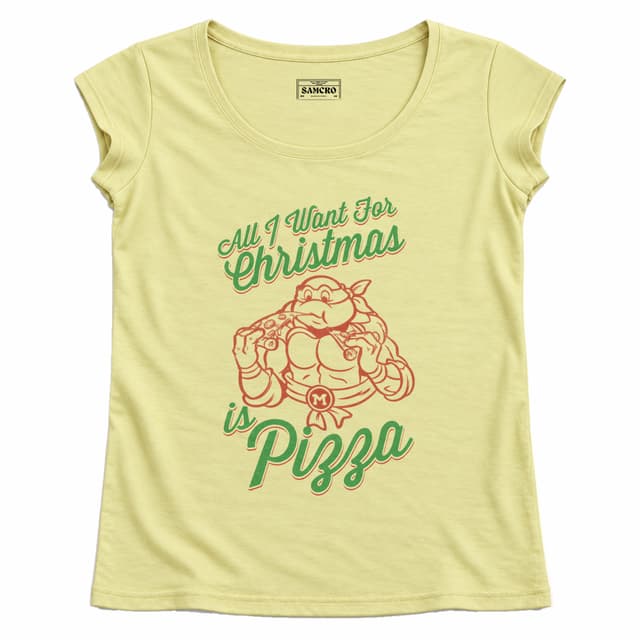 Tortugas Ninja - Michelangelo All I Want Christmas Pizza — Mujer recta, Amarillo