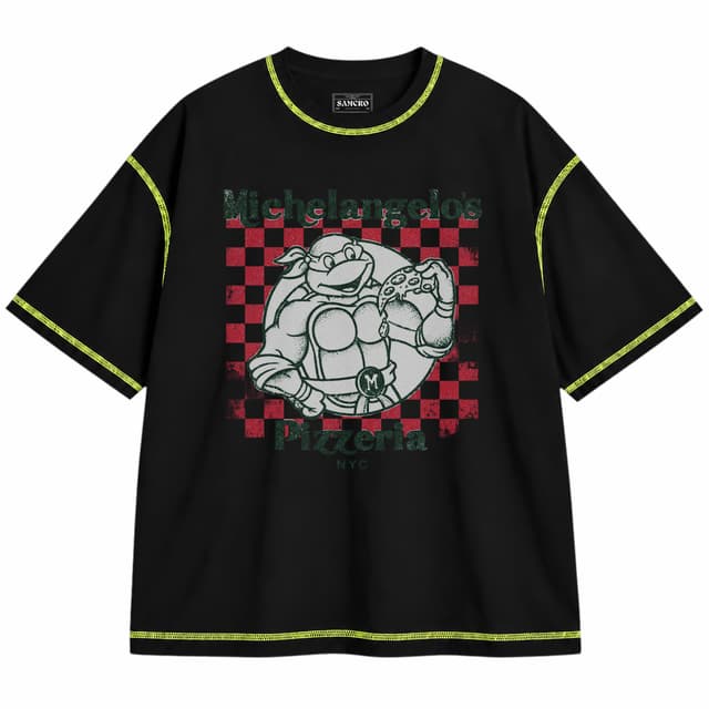 Tortugas Ninja - Michelangelo Pizzeria NYC — Unisex oversize, Negro con costura verde
