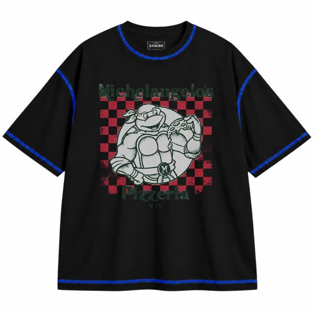 Tortugas Ninja - Michelangelo Pizzeria NYC — Unisex oversize, Negro con costura azul