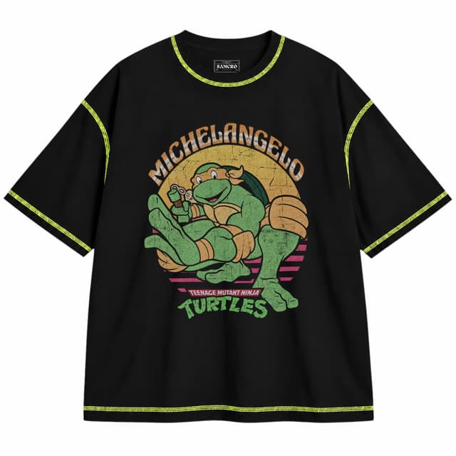 Tortugas Ninja - Michelangelo Retro Sunset — Unisex oversize, Negro con costura verde